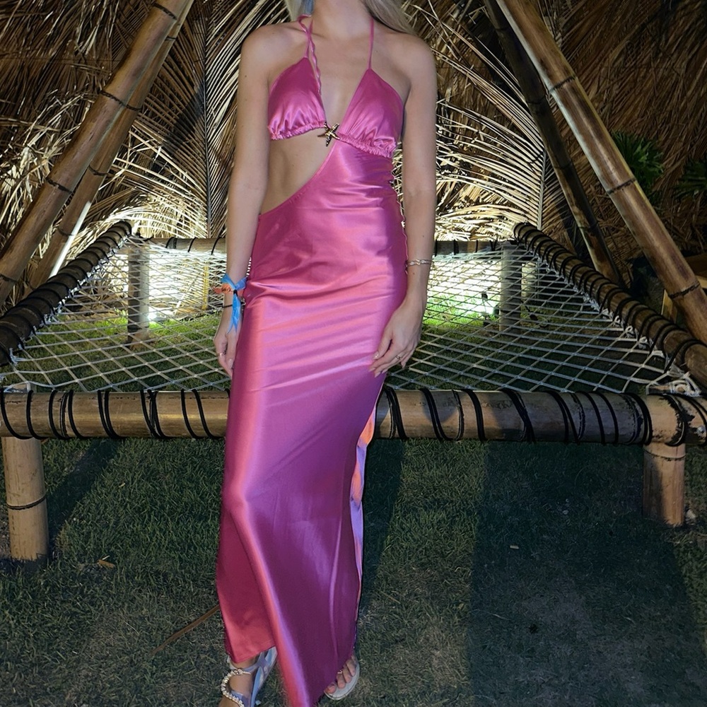 PrettyLittleThing Pink Halter Maxi Gown